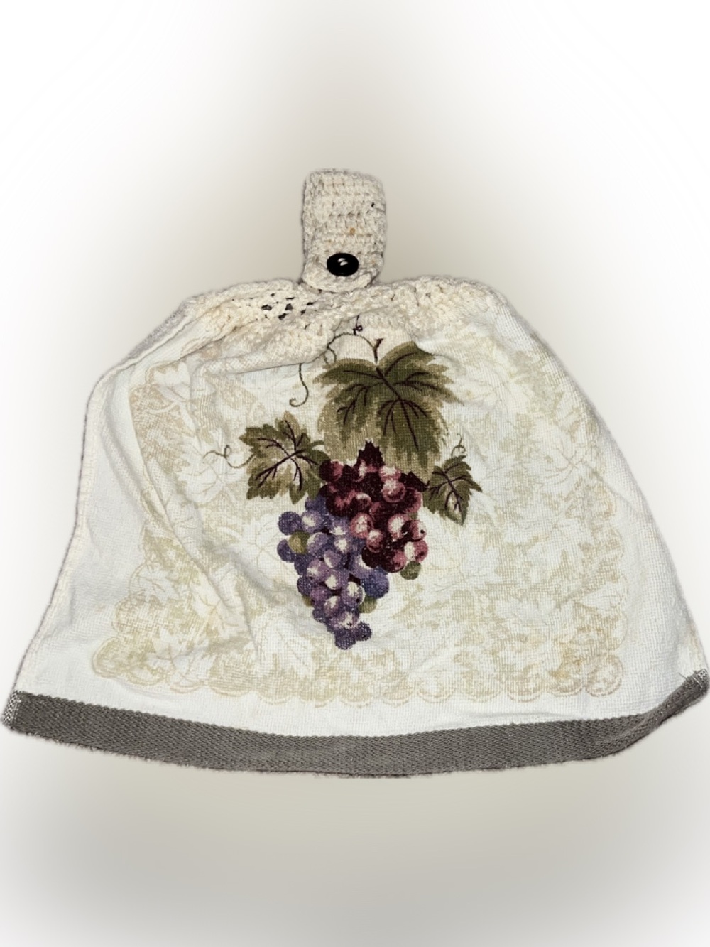 🔴Vintage Crochet Hanging Kitchen Towel Grape Vine Print Button Strap